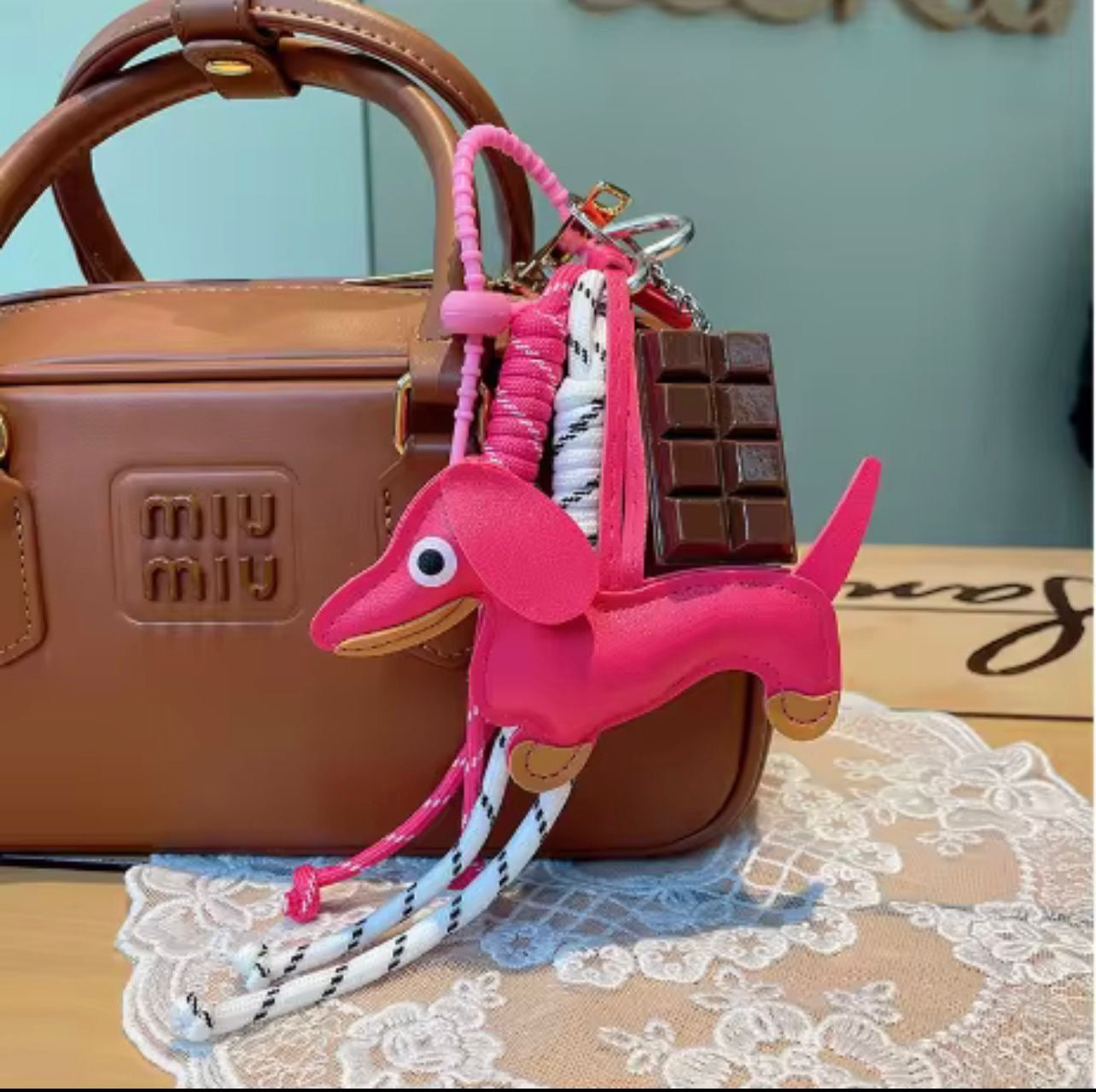Chocolate & Pup PU Leather Bag Charm β with Ropes & Strings