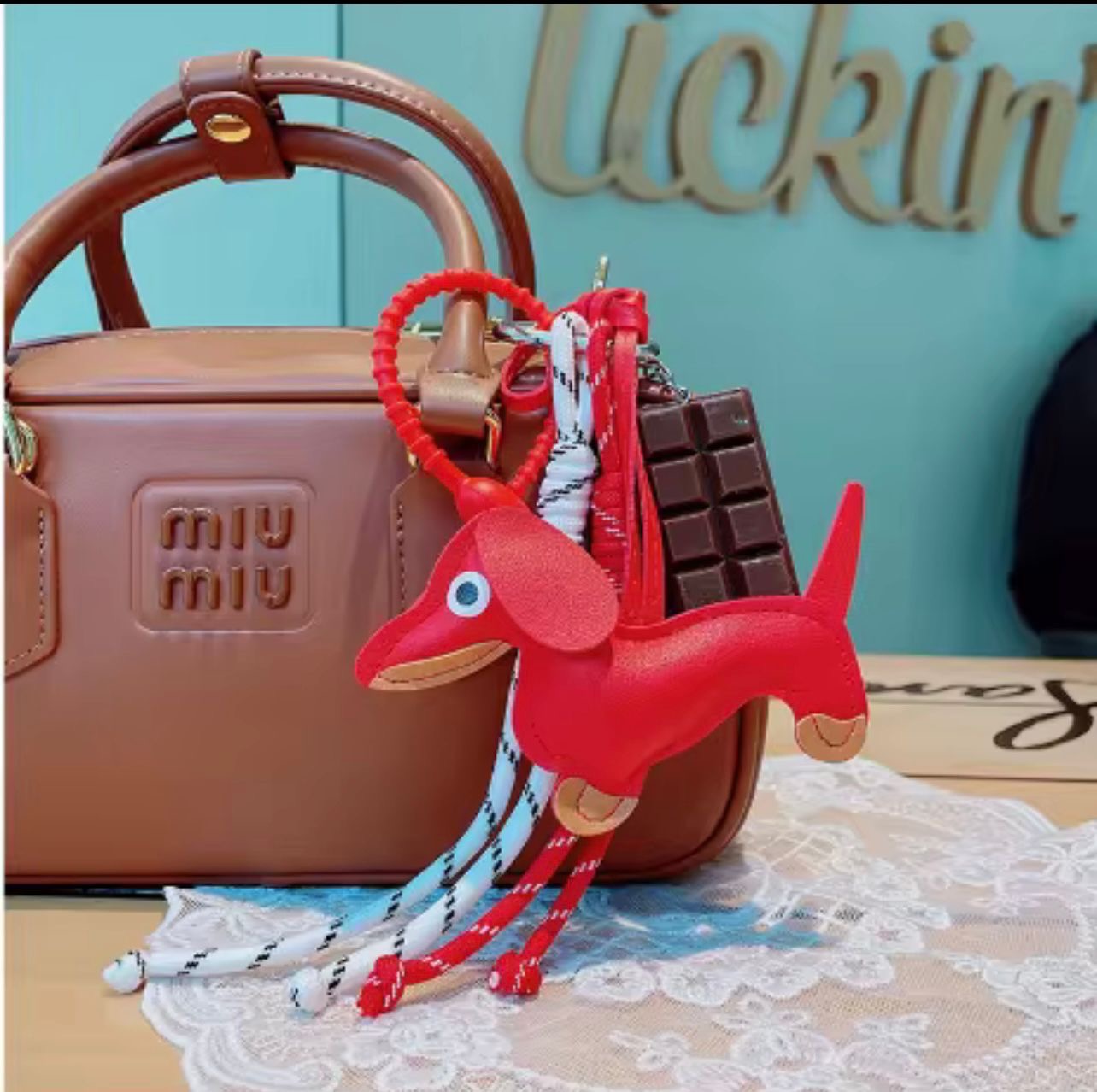 Chocolate & Pup PU Leather Bag Charm β with Ropes & Strings