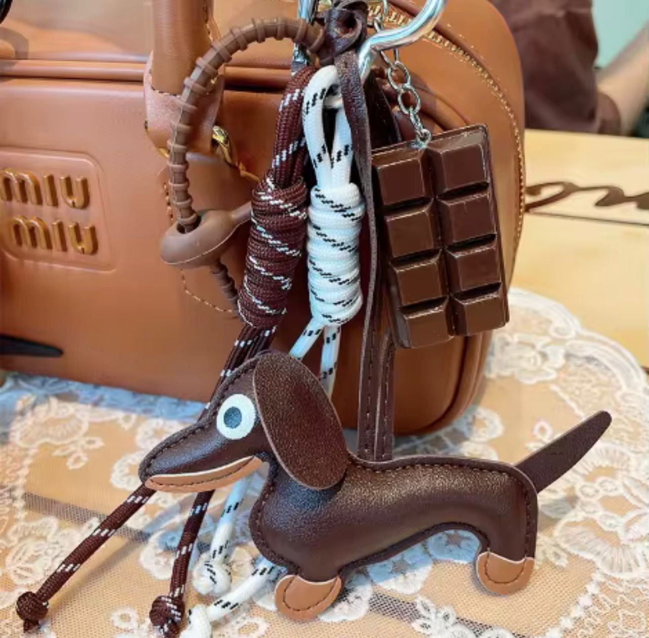 Chocolate & Pup PU Leather Bag Charm β with Ropes & Strings