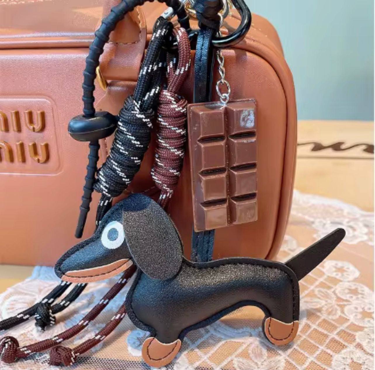 Chocolate & Pup PU Leather Bag Charm – with Ropes & Strings